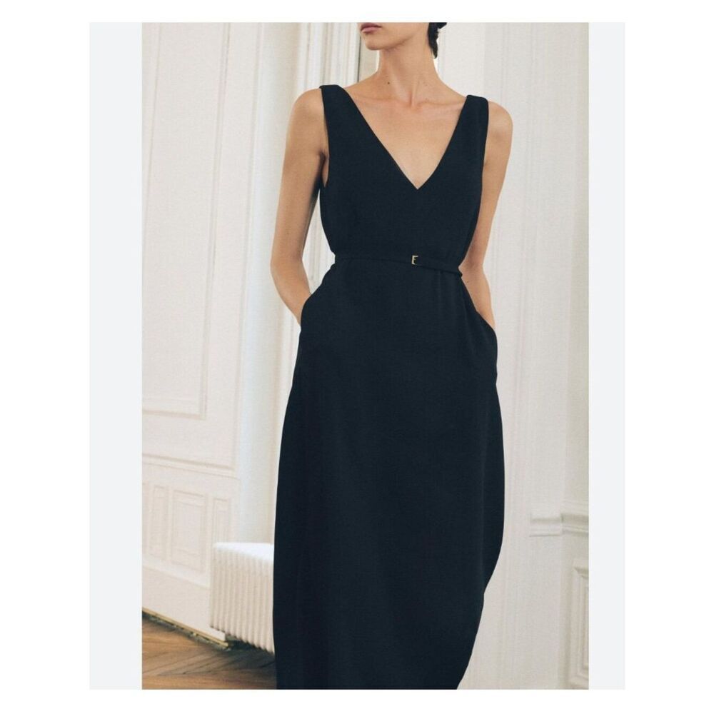 Zara ZW collection Womens Midi Dress M Black Sleeveless V Neck 9051/376 NWT